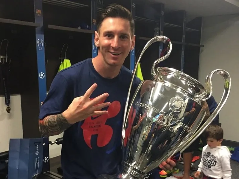 Lionel Messi celebrating Champions League title with FC Barcelona
